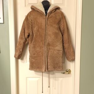 Vtg Synergy Leather Faux Shearling Hooded Coat Sueded Modacrylic Lined, Sz S
